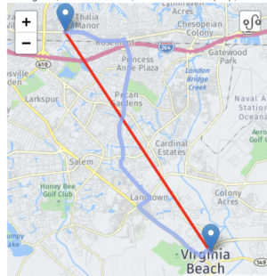 Map showing the distance from PA to the old Kellam. 