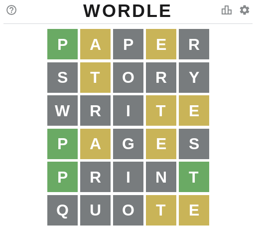 Underlined letters in the story represent yellow letters on Wordle, bold letters represent green letters. 
