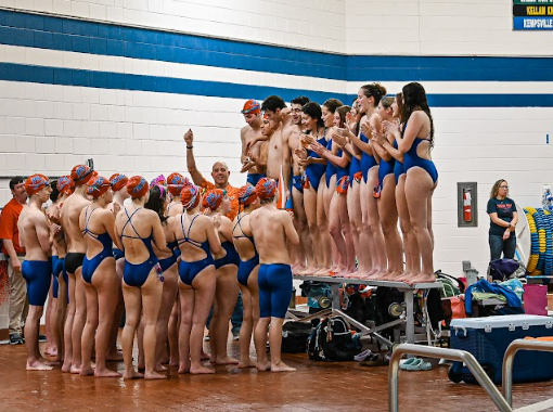 PA Varsity Swim and Dive teams celebrating their seniors on Senior Night against Green Run High School on Jan. 31.