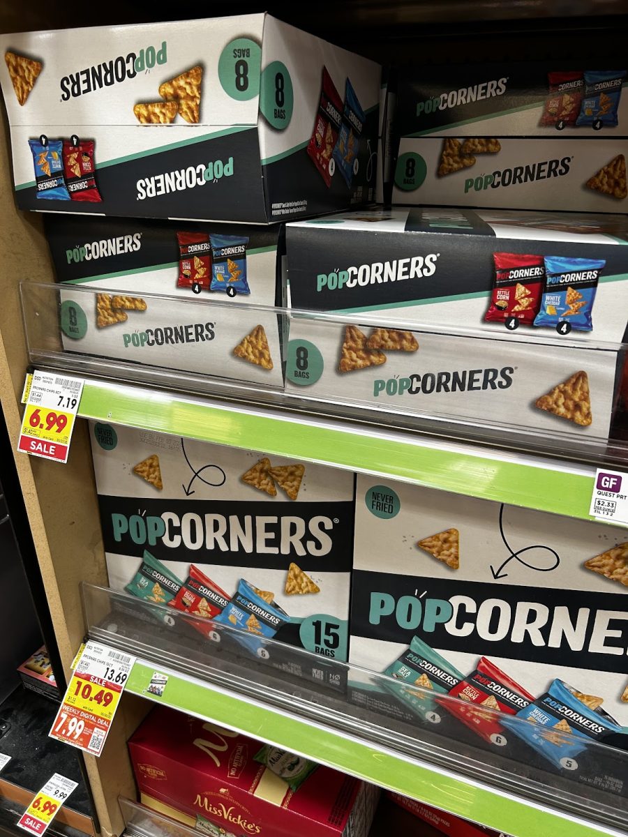 Popcorners, a chip brand by Pepsico claiming to be free from genetic modification, at a Kroger store.
